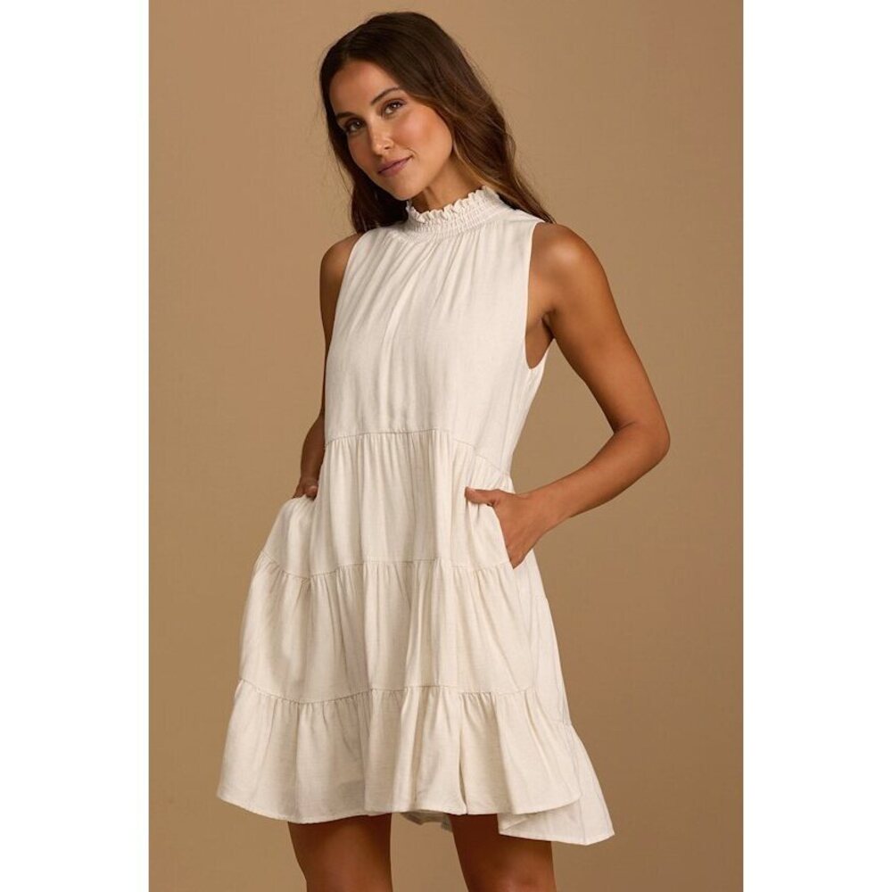Lulus Frolic With You Beige Smocked Mock Neck Tiered Swing Dress - Size S